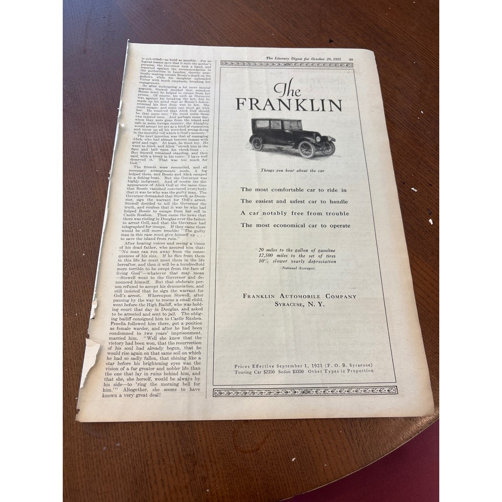 Vintage 1921 Franklin Automobile Company Print Ad Syracuse NY Touring Car Art